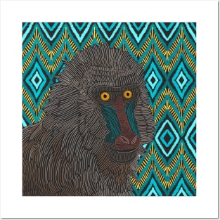 Mandrill Monkey on Aztec Pattern Posters and Art